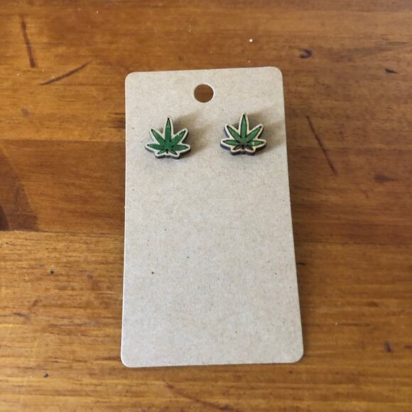 Hand Painted Green Plant Stud Earrings Hypoallergenic Lightweight Posts - Picture 1 of 5